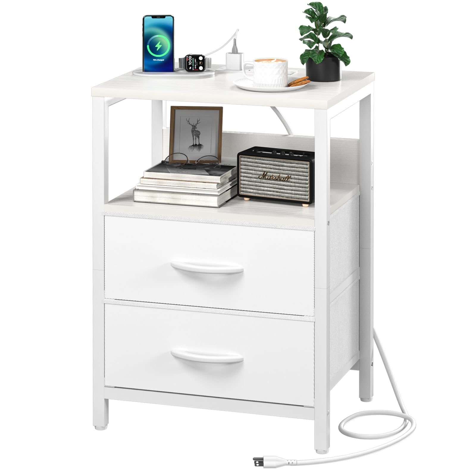 Yoobure Nightstand with Charging Station, Small Night Stand with Fabric Drawers and Storage Shelf for Bedrooms, Nightstands for Small Spaces, Bedside Table with USB Ports & Outlets, Bed Side Table