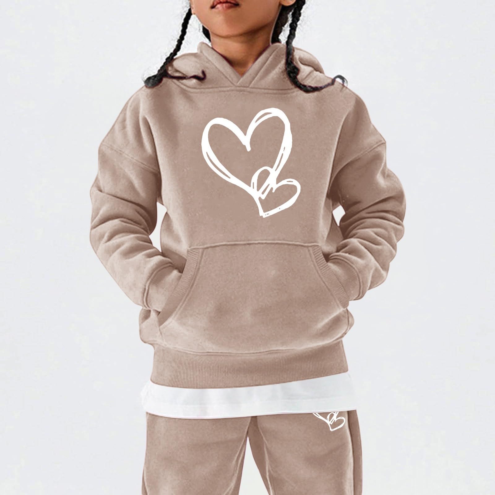 Conjunto deportivo con capucha para niñas, estampado de corazón, caqui, 9-10 años