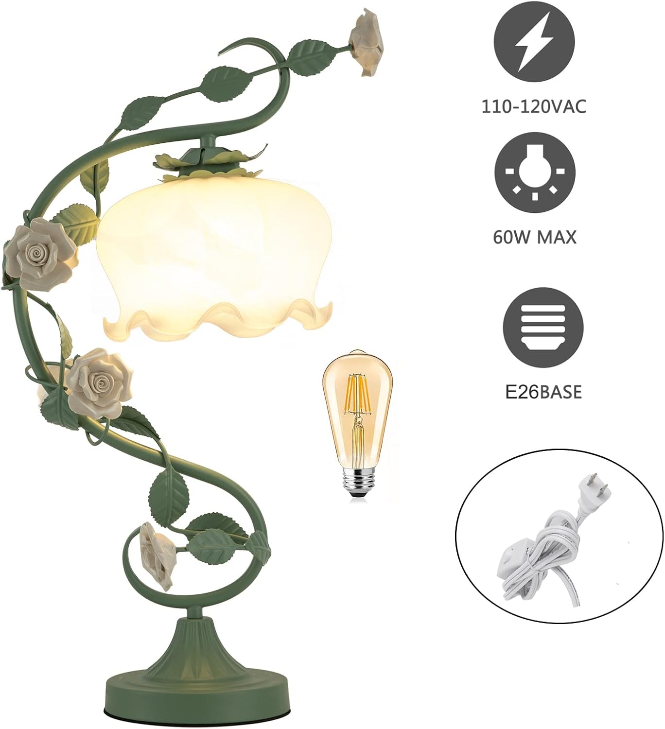 DouSeiAi Modern Flower Bedside Lamp, Flower Table Lamp, Glass Lamp Shades, Cute Rose Ceramics Floral Table Lamp for Living Room Bedroom