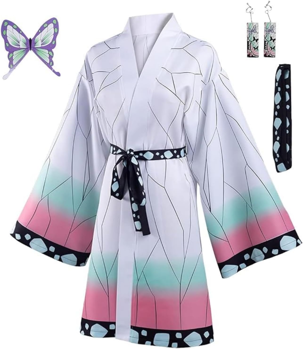 Tanjirou Robe Adult Green Plaid Cloak Kamado Tanjirou Cosplay Costume Color Block Kimono Cardigan Jacket Earrings Set - Image 4