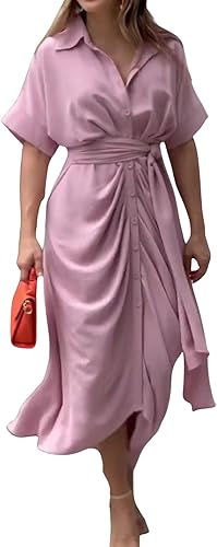 Miniatura 2 de CHARTOU Elegante vestido de blusa irregular de manga corta con botones y cinturón para mujer