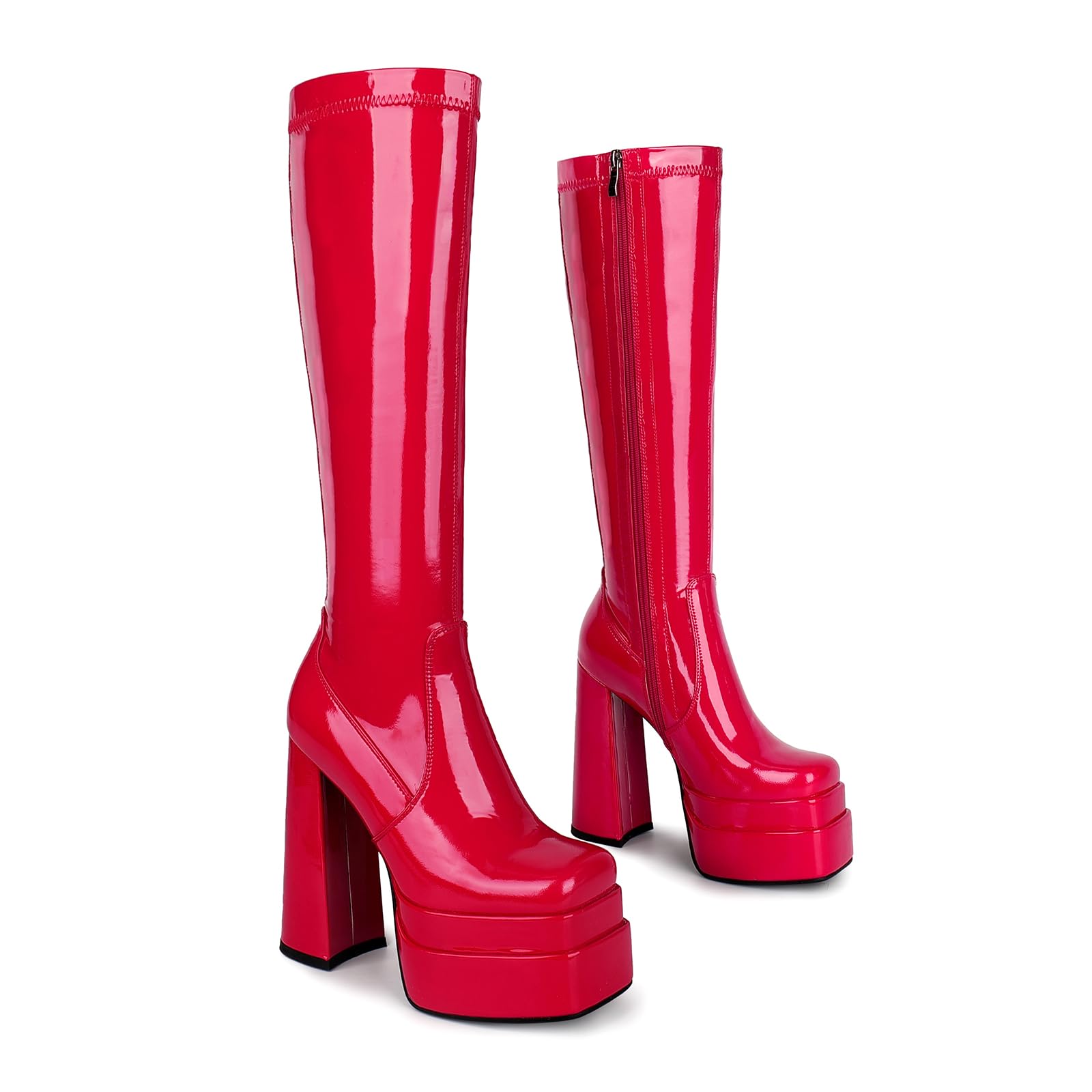 wetkiss Platform Knee High Boots Women Chunky Heel Gogo Boots with Full Side Zipper-Stretchy Party Festival Boots for Cosplay, Costume, Halloween & Costume Events-Not for Wide Calf: 9 Patent Red