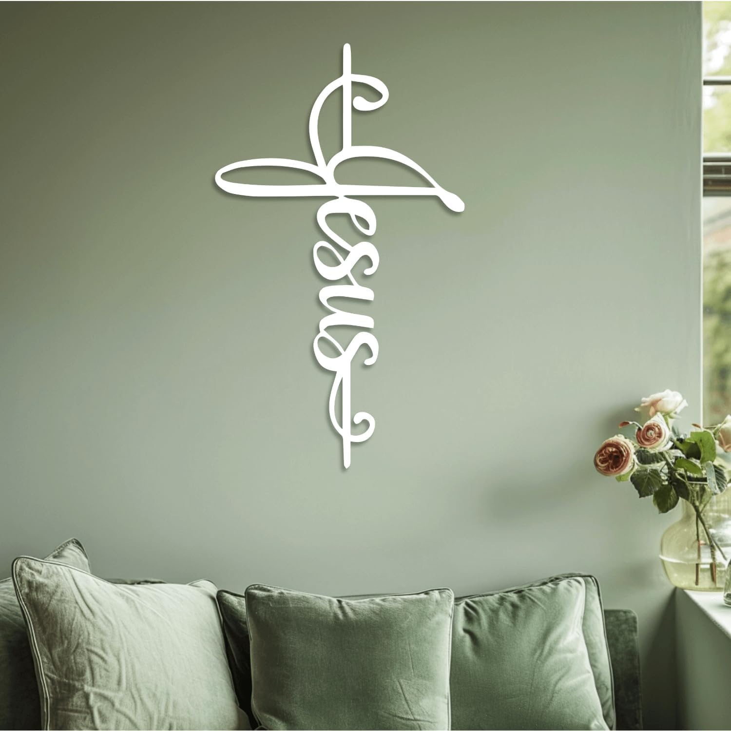 XXQ Letrero de pared de Jesús, cruz de metal, decoración espiritual de metal grande para el hogar, cruz colgante religiosa, decoración de pared de metal para sala de estar y dormitorio (plata, 51 x 76