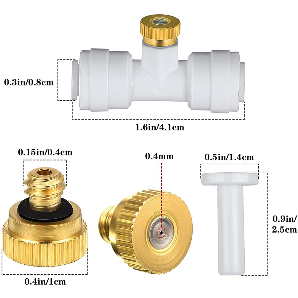10 STKS Messing Verneveling Nozzles met 1/4 ''T-stukken voor Outdoor Cooling Mister System, Quick Connector Mist Nozzles Tuin Spray Verneveling Nozzle voor Landscaping, luchtbevochtiging, 6 MM Aansluiting
