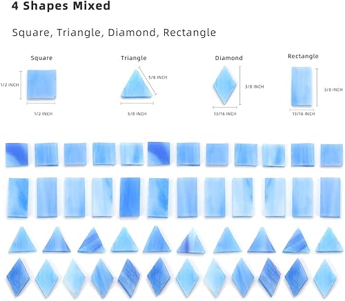 Miniatura 3 de Lanyani 200 azulejos de mosaico de vidrio, formas coloridas mezcladas cuadrado, rectángulo, diamante, triángulo, azul océano