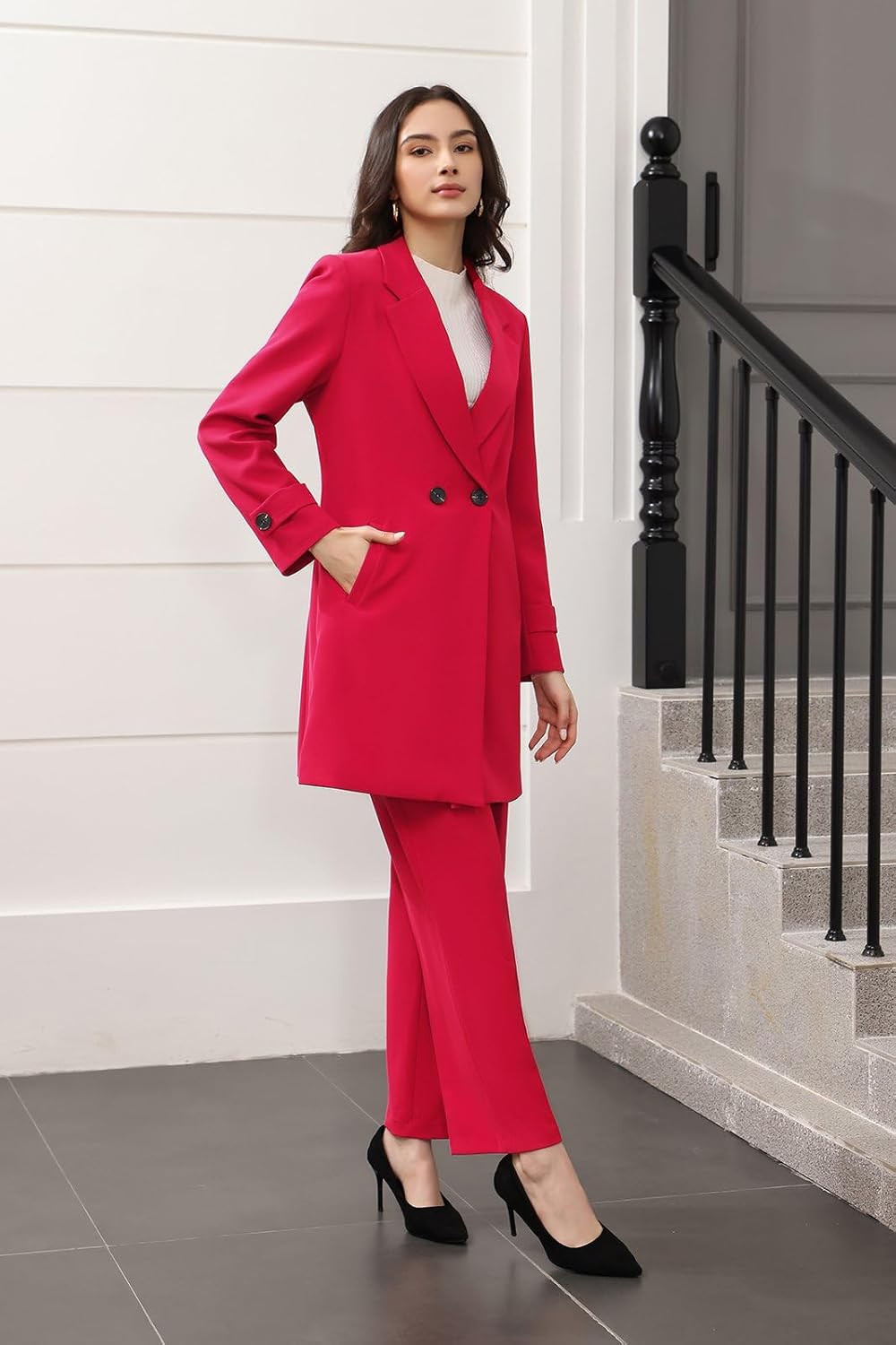 Lamgool Women's Suit 2 Piece Long Blazer Set Ladies Jacket Pantsuit Casual Outfits for Fall - Image 4