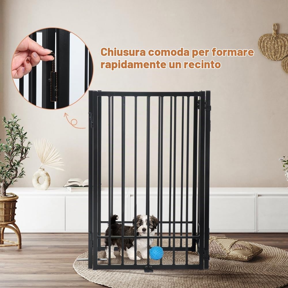 SMONTER Cancello per cani autoportante con porta passante, recinto per cani da interno extra largo 204 cm, altezza 80 cm, 4 pannelli, pieghevole, in metallo, per scale, corridoi, porte