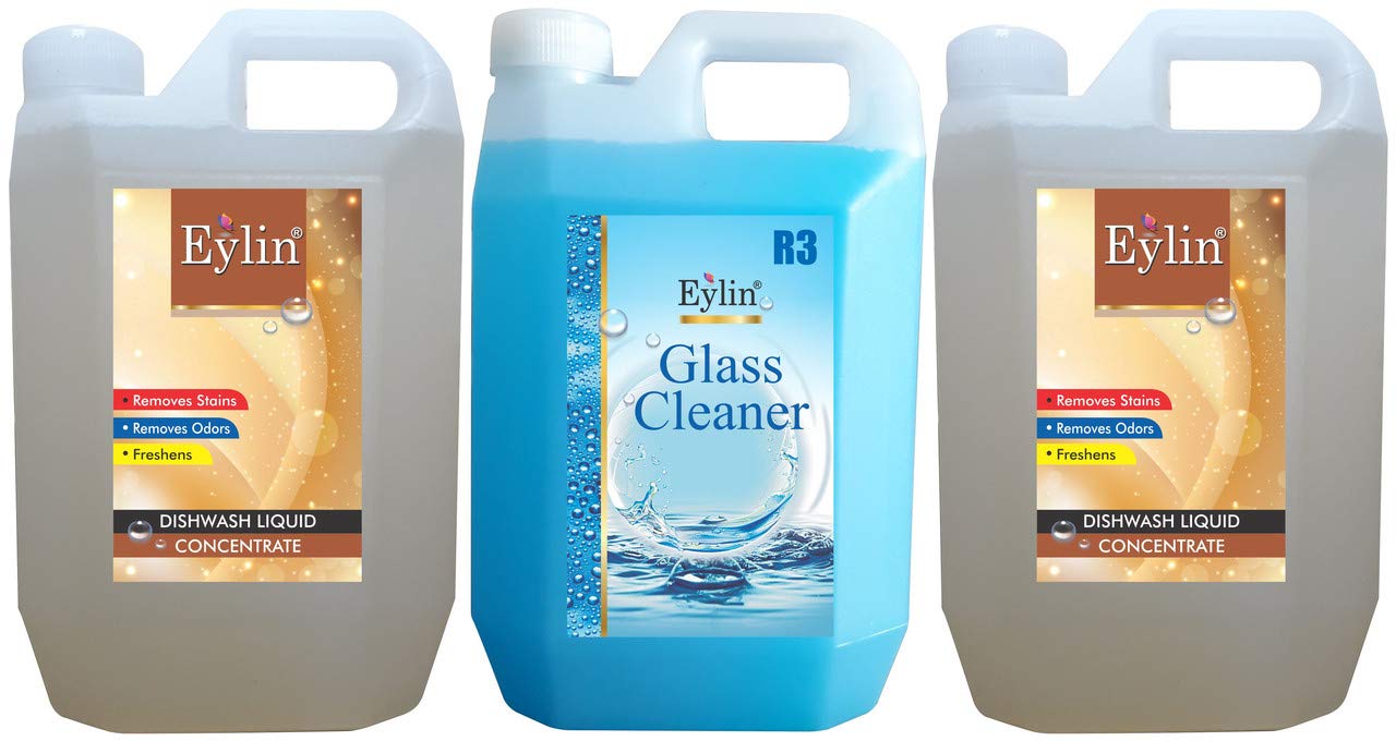 EYLIN CLEANING LIQUID COMBO -CONCENTRADED DISH WASH GEL, LEMON FLAVOURED-2 LTRS & 1 LTRE GLASS & MULTIPURPOSE CLEANING LIQUID . TOTAL 3 LITRES