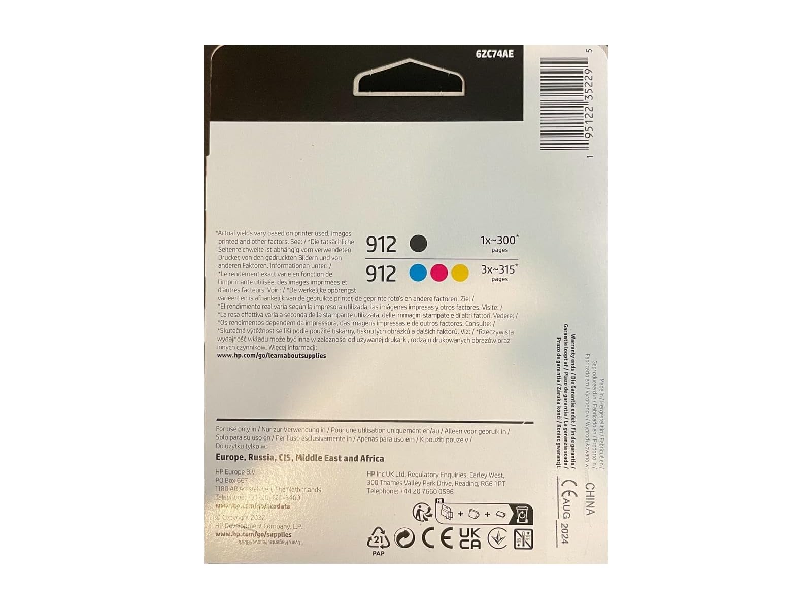 HP – 912 – Lot de 4 cartouches d'origine – Pour imprimantes HP Officejet 8010, 8010e series ; Officejet Pro 8020, 8020e series. Black ( noir) , Cyan ( bleu ), Magenta ( Rose ) et Yellow ( jaune )