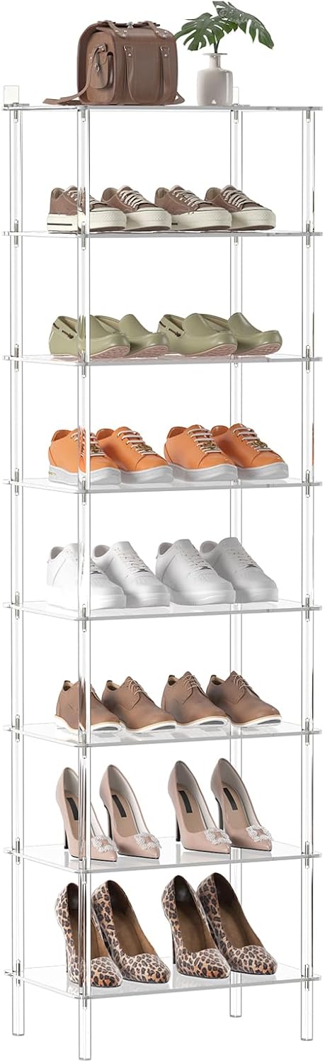 Aquiver Acrylic 8 Tiers Tall Shoe Rack - Shoe Organizer for Entryway - Narrow Shoe Storage Shelf Clear Shoes Rack for Closet, Store 16-20 Pairs of Shoes, 18.1'' L x 11.8'' W x 61'' H, Easily Clean