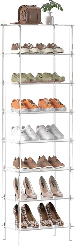 Acrylic 8 Tiers Tall Shoe Rack - Shoe Organizer for Entryway - Narrow Shoe Storage Shelf Clear Shoes Rack for Closet, Store 16-20 Pairs of Shoes, 18.1'' L x 11.8'' W x 61'' H, Easily Clean