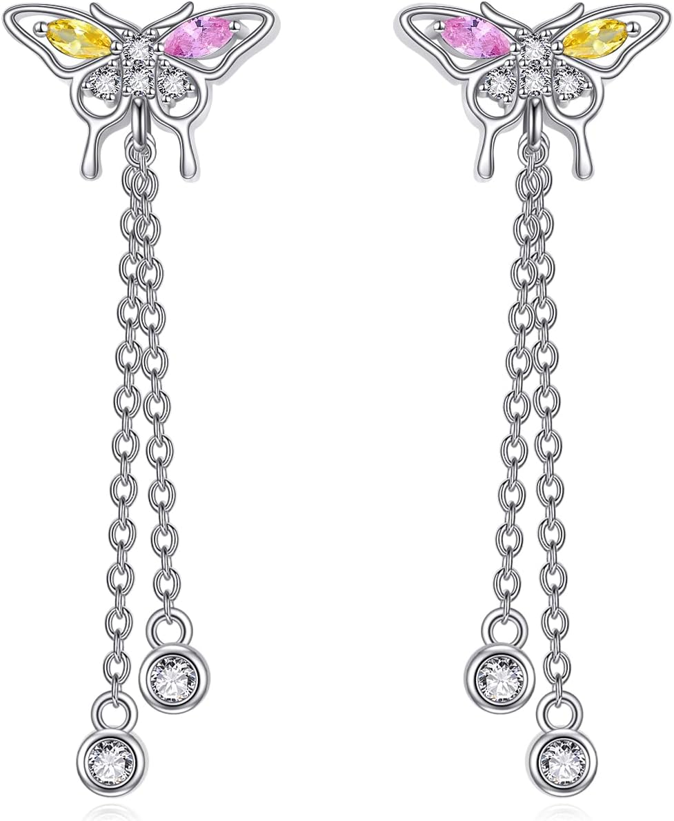 VONALA Butterfly Earrings S925 Sterling Silver Long Butterfly Dangle Pendant Tassel Shiny Butterfly Drop Jewelry for Women