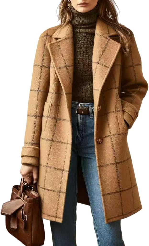 Women's Plaid Wool Coat,Winter Long Trench Coat, Checkered Pattern Lapel Jacket,Warm Button-Up Peacoat Overcoat