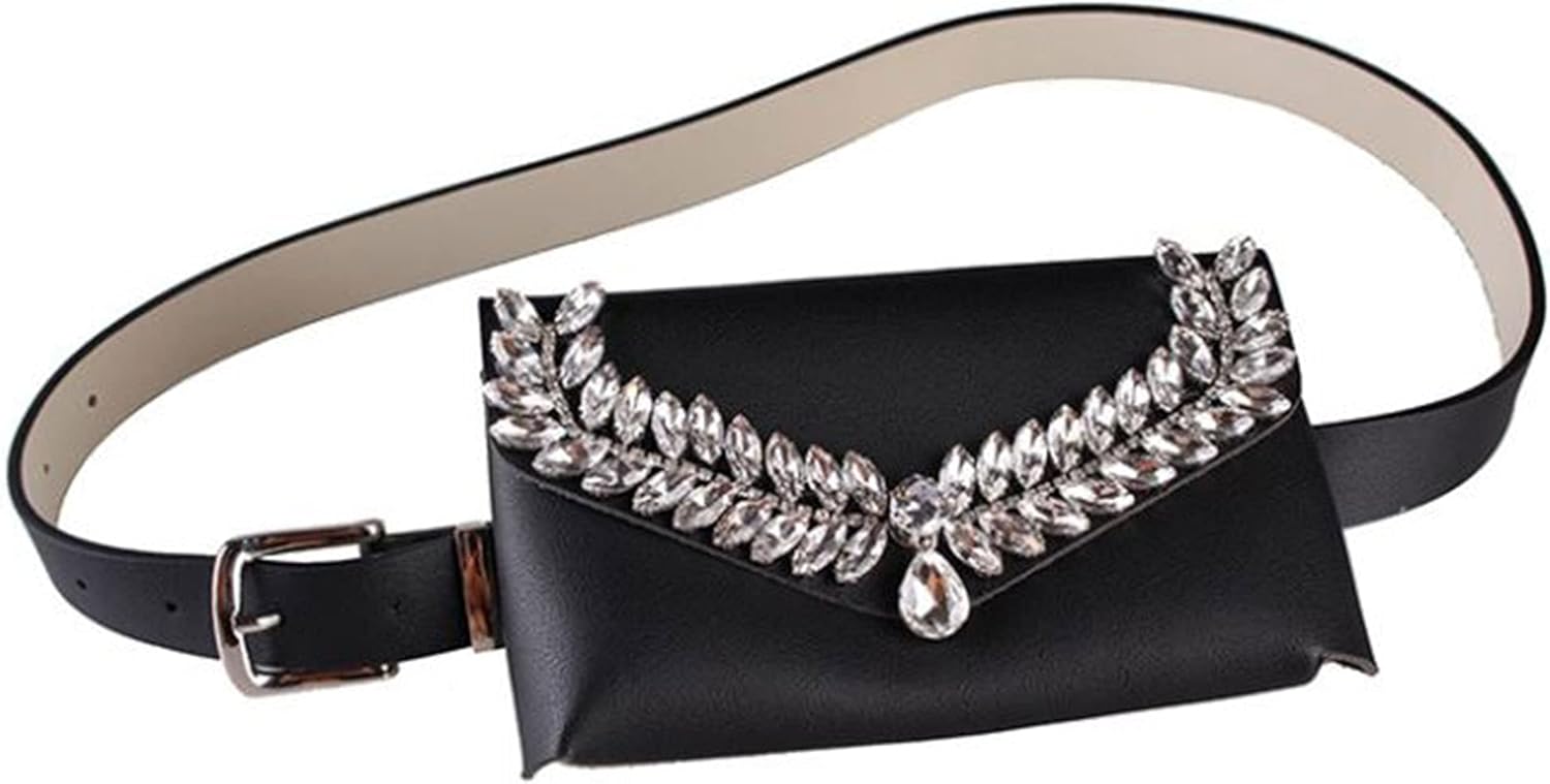 Women Mini Glitter Rhinestone PU Fanny Packs Waist Bag with Belt Envelope Clutch Cell Phone Purse