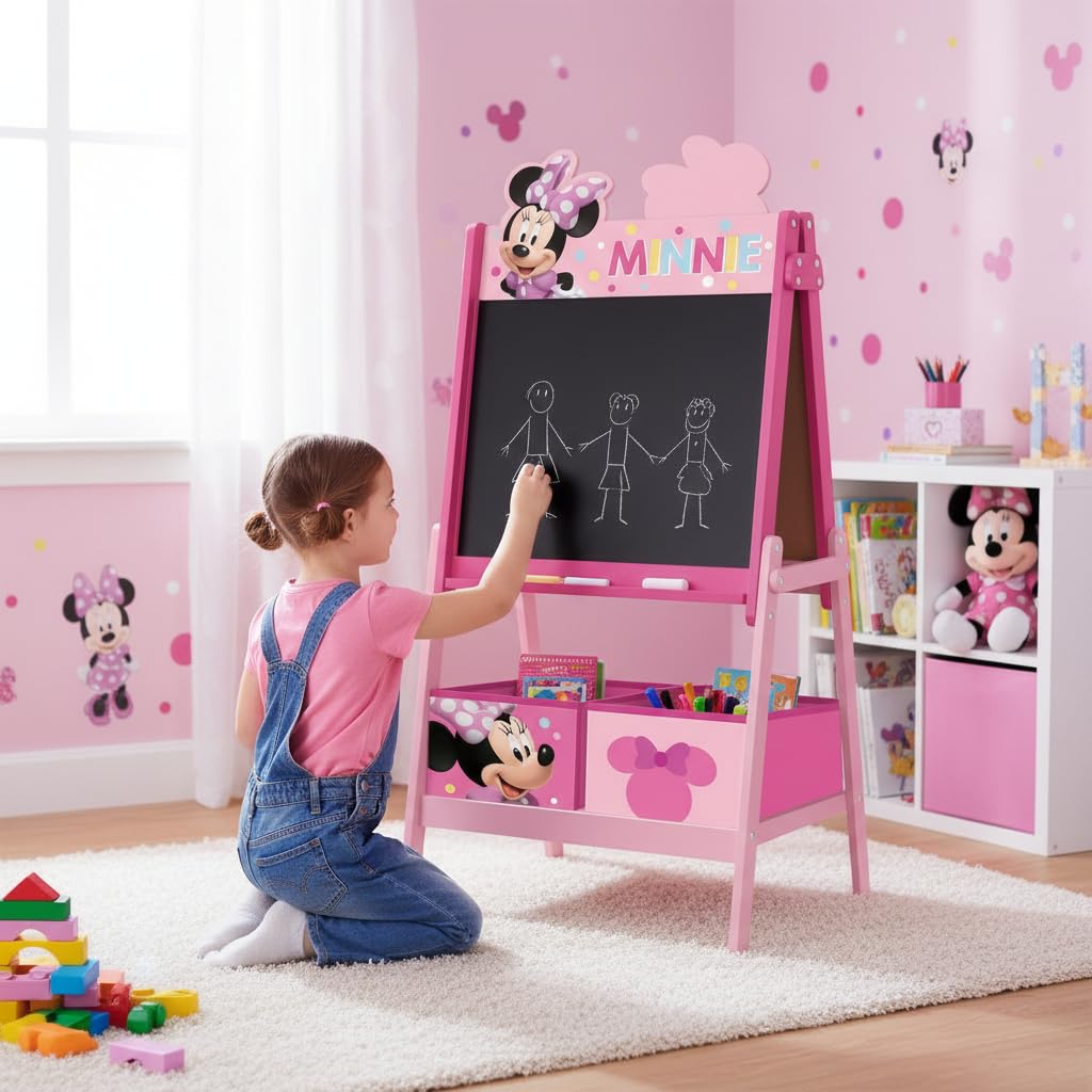 ARDITEX - Pizarra infantil de Disney Minnie Mouse con doble superficie para uso de tiza y rotulador y 2 contenedores textiles para almacenaje - 54x45x117cm - Contenedores de 24x30x15cm - Color rosa