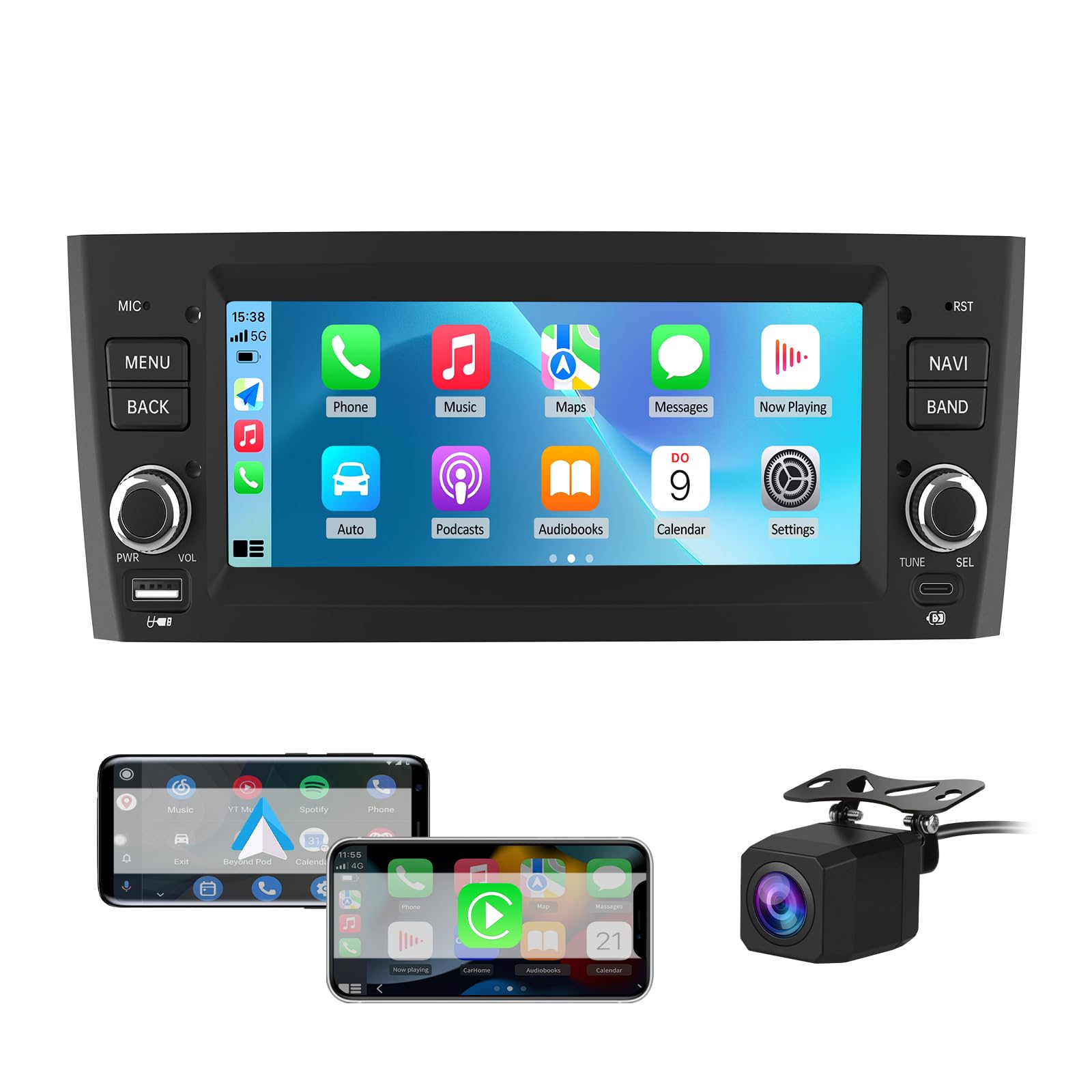 Autoradio 1 DIN per Fiat Grande Punto (2005-2012) 6,86" Android 15 Car Radio con Bluetooth Wireless CarPlay Android Auto WIFI GPS FM RDS Comandi al volante Telecamera posteriore (2GB+64GB)