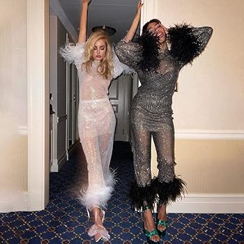 Women's Sexy Feather Furry Trim Mesh Pants Sparkly Sequin Bottom