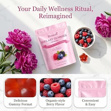 Bloomin Shilajit Gummies for Women, Feminine Wellness Supplement, with Daily Mood, Herbal Berry Gummies, 60 Gummies