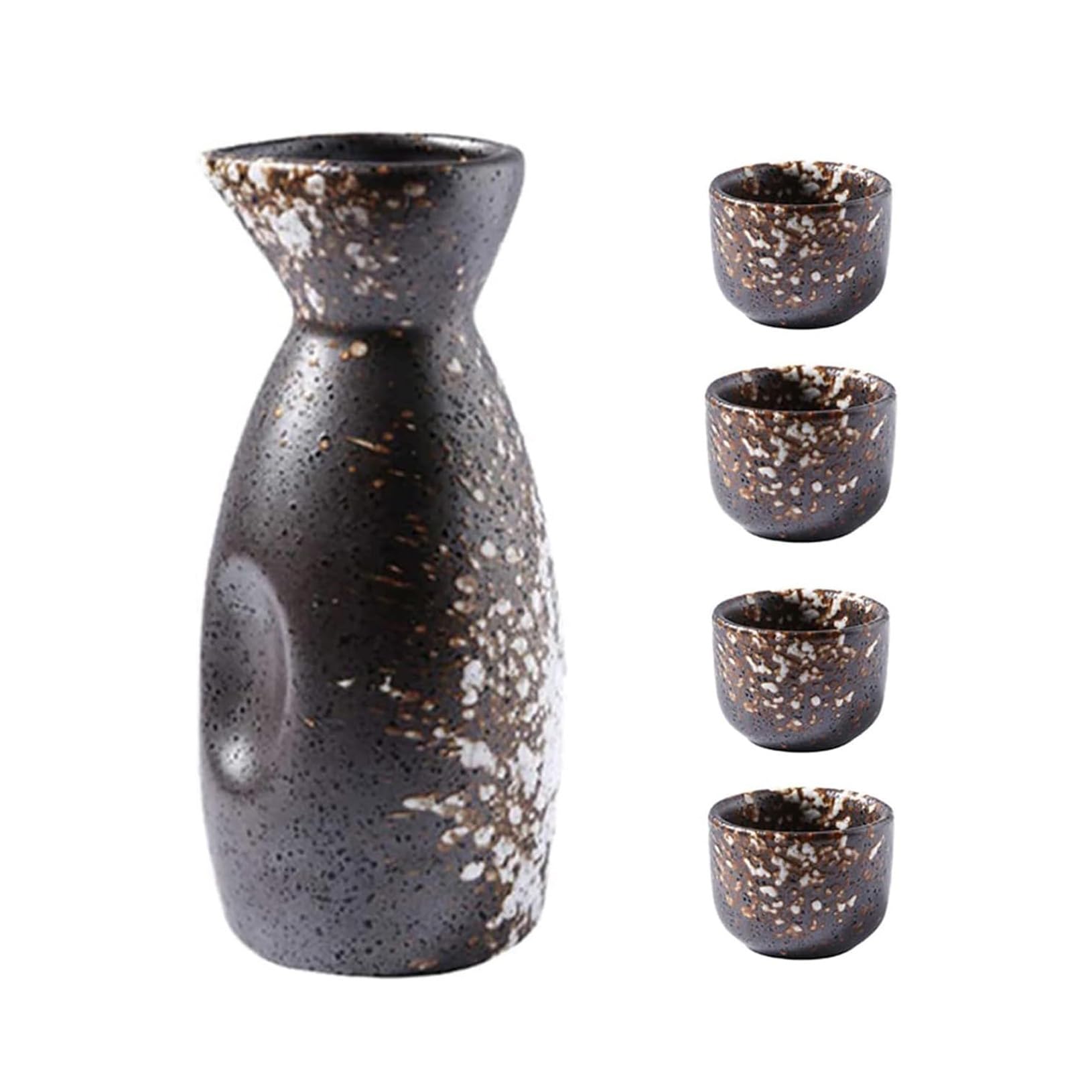 Service à saké Japonais Traditionnel Vintage en céramique, 5 pièces, Comprenant 1 Pot à saké et 4 Tasses à saké.