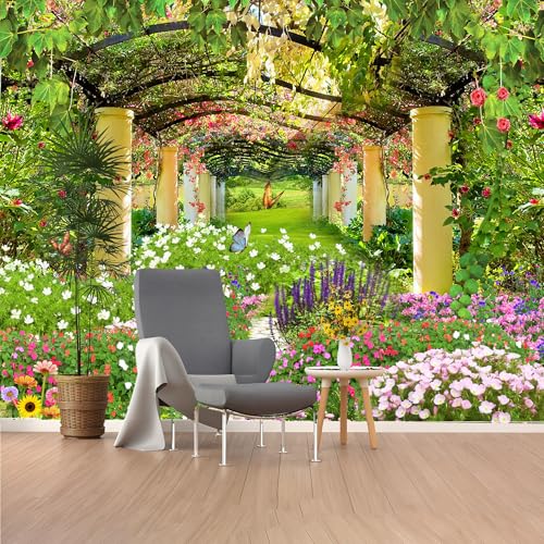 Custom Size Wall Murals, Flower Garden Arbor with Butterflies Self - Adhesive Wall Fabric (NO PVC) Removable Large Photo Wallpaper for Living Room, Bedroom,Office