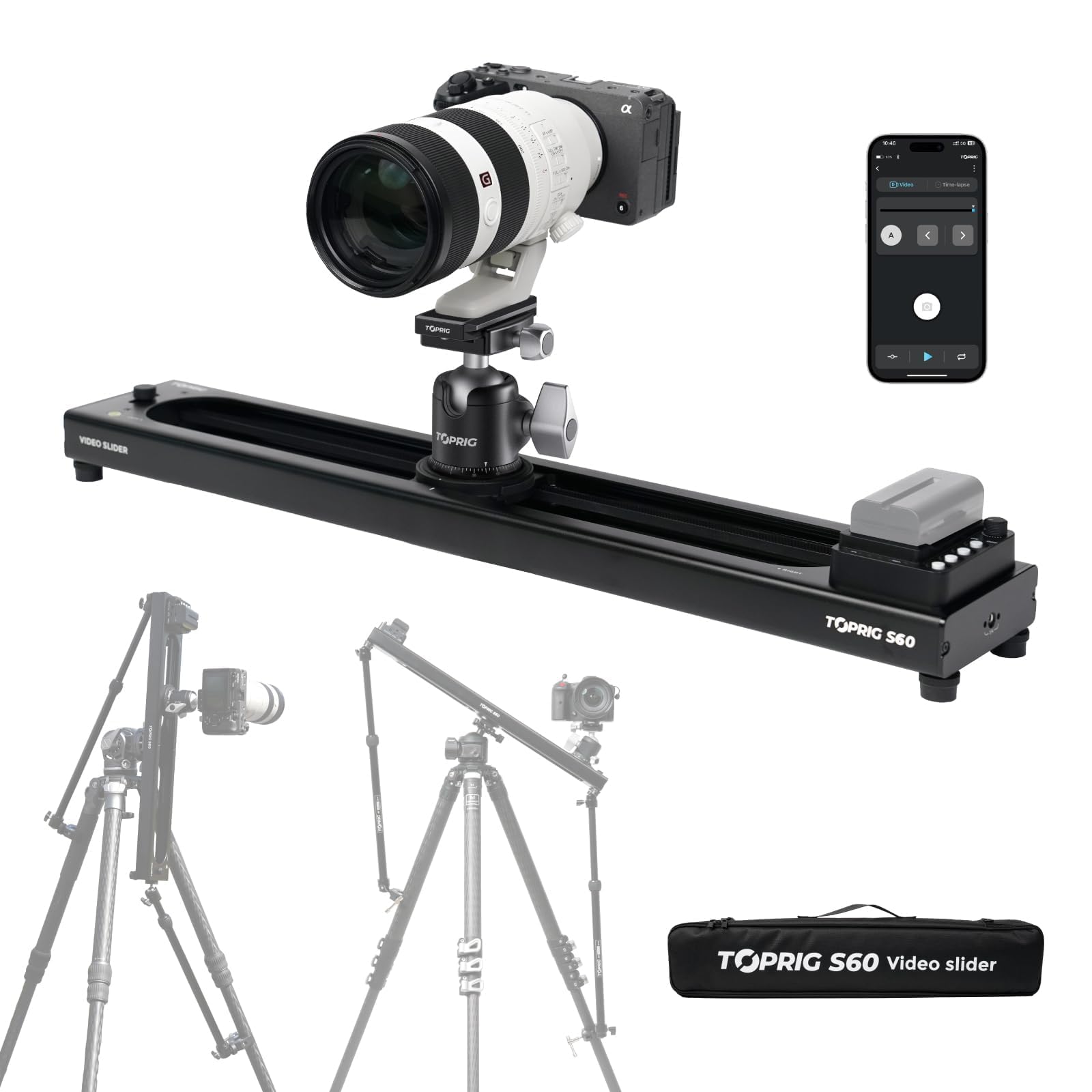 Accsoon Toprig S60 23,6"/60cm Deslizador de Video para cámara de Aleación de Aluminio, Motorizado por botón o App Bluetooth Control, panorámico de 120°, Fotografía de Lapso de Tiempo, Carga hasta 4kg