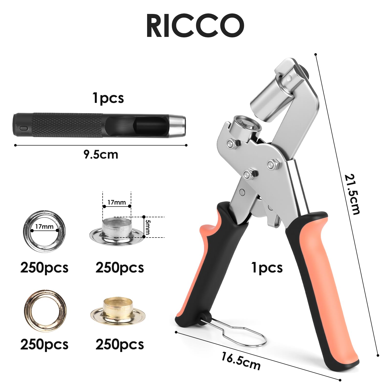 Occhiellatrice, Pinza Per Occhielli Metallici Professionale 10 mm Con Leva E Magnete, Occhiellatrice Per Teloni Con 500 Occhielli E Utensile Da Battuta, Per Cartone, PVC, Fai Da Te