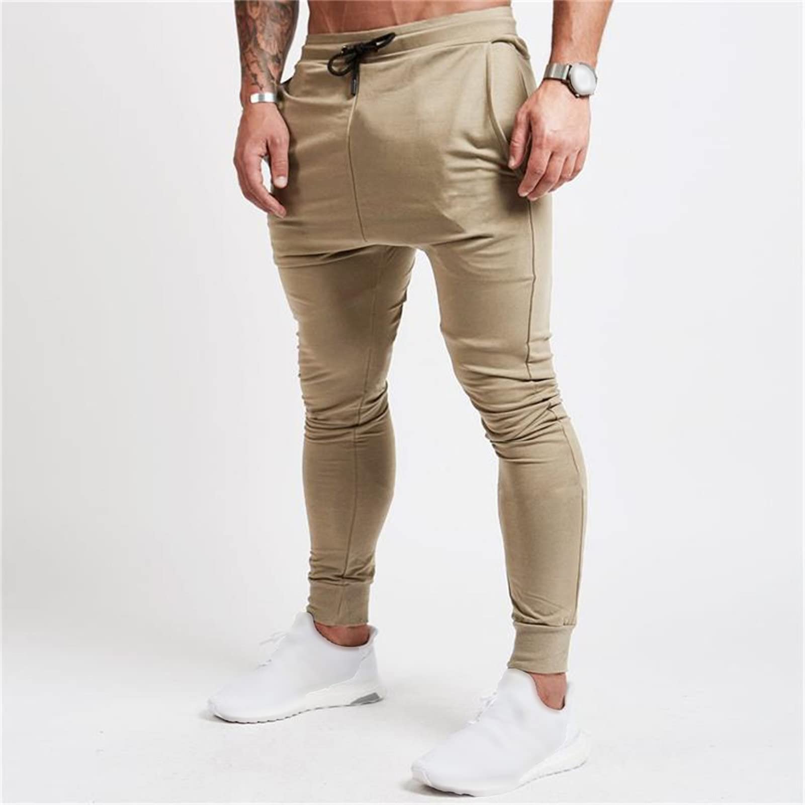 Maiyifu-GJ Men's Elastic Waist Tapered Jogger Casual Drawstring Workout Sweatpants Slim Fit Traning Running Track Pants (Khaki,X-Large)