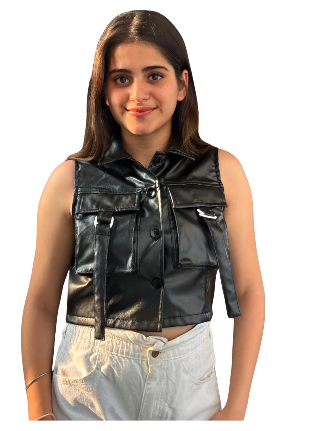 tandul Women's Solid Black Faux Leather Jacket Regular Fit Sleeveless Jacket For Womens Soft & Breathable & Comfortable Outfits for Office, Casual, Festive & Party (11627)-picture-23