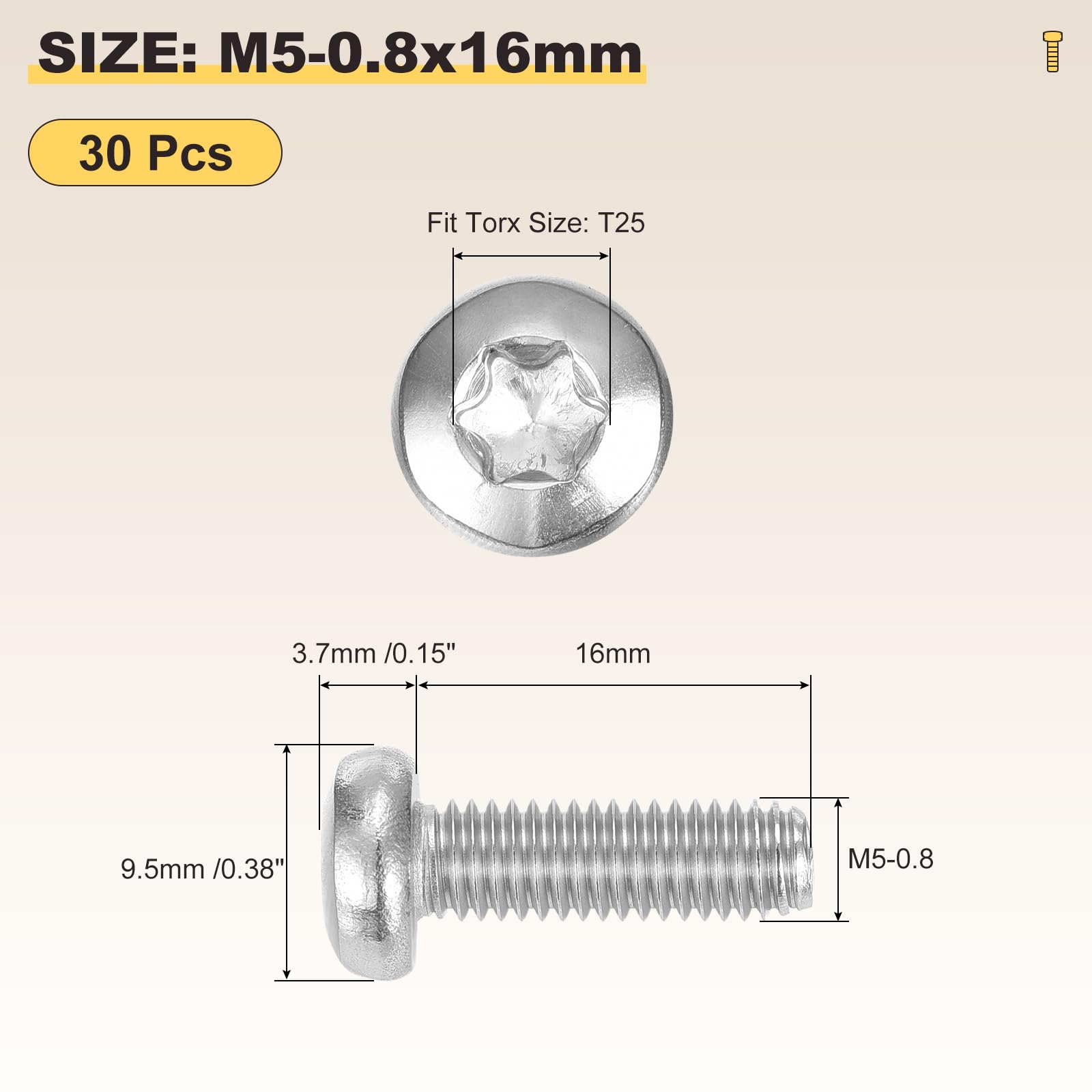 METALLIXITY Pan Head Torx Security Screws Bolts (M5-0.8x16mm) 30Pcs, Button Torx Head Machine Screws 304 Stainless Steel - Image 2