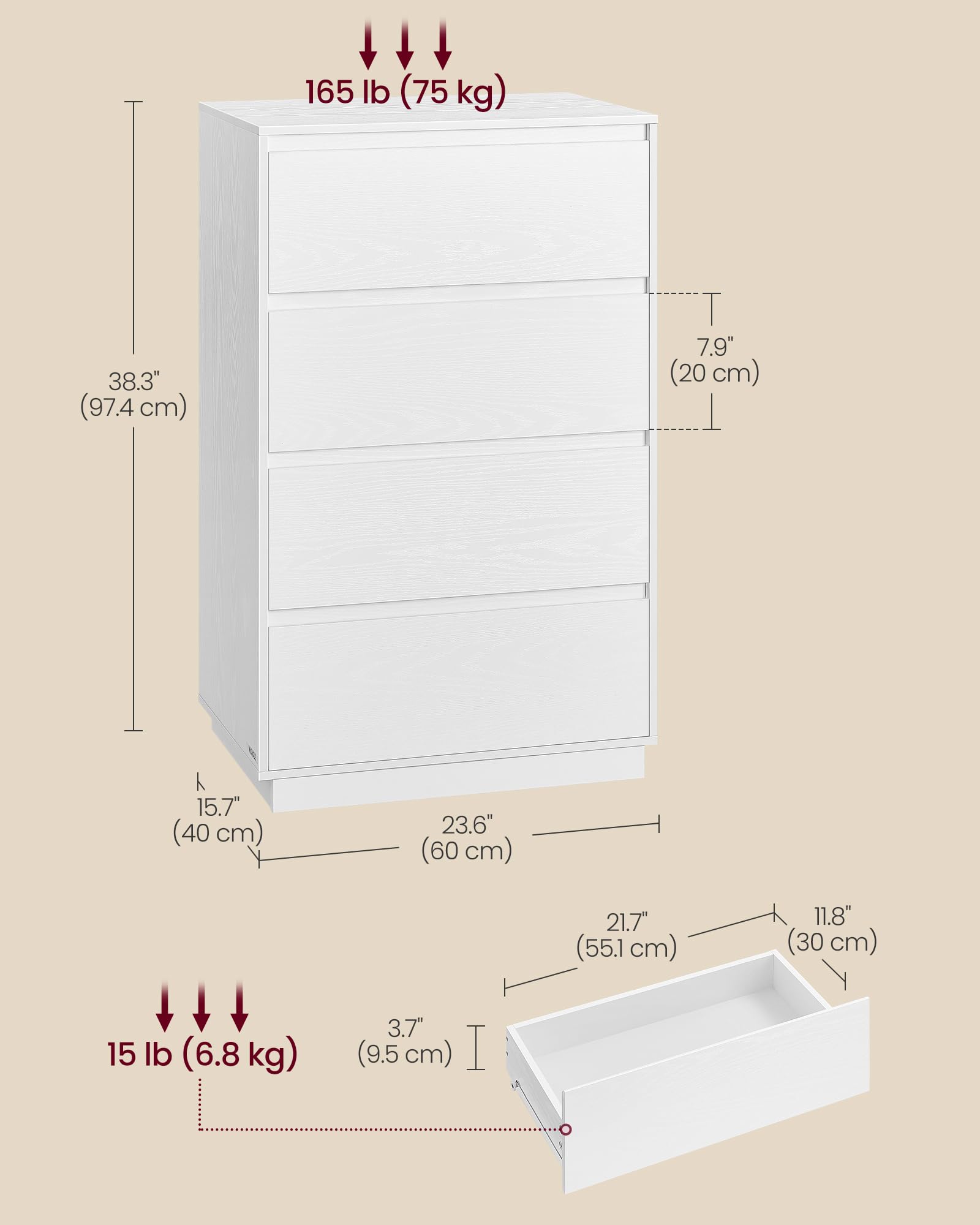 VASAGLE 4-Drawer Dresser for Bedroom, Chest of Drawers, Storage Tower Unit,  for Closet, Living Room, Entryway, Modern Minimalist Style, 15.7 x 23.6 x  38.3 Inches, Snow White ULTS614W01 : Amazon.sg: Home