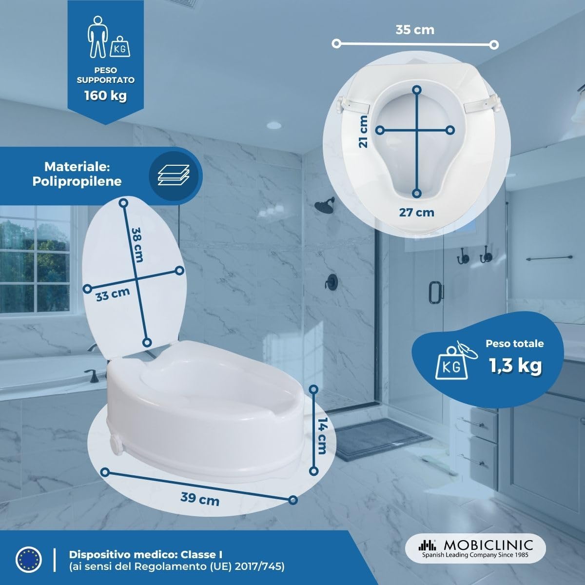 Mobiclinic, Rialzo wc per Anziani, Altezza 14 cm, Alza water, Con coperchio, Mobilità ridotta, Disabili, Sistema di fissaggio laterale, Ausili, Bianco, Titán