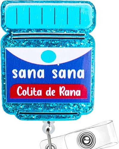 Carrete de insignia de enfermera con purpurina azul con clip de identificación, Sana Sana Colita De Rana, lindo carrete de insignias retráctil para