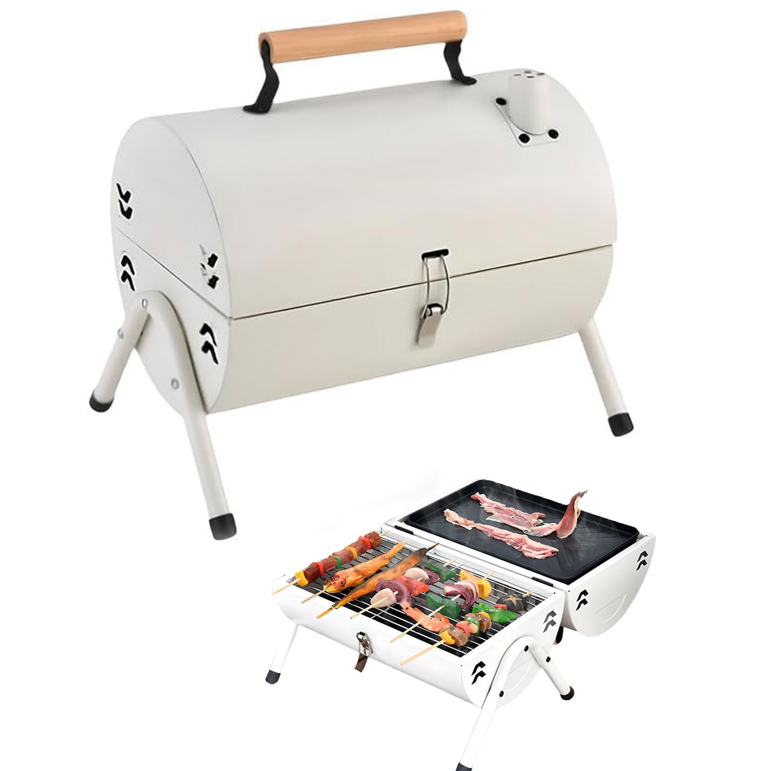 Grill wędzarniczy – grill ze stali nierdzewnej z kominem, odporny na wysokie temperatury uchwyt – idealny na kemping, piknik, imprezy na podwórku – dla 4–6 osób