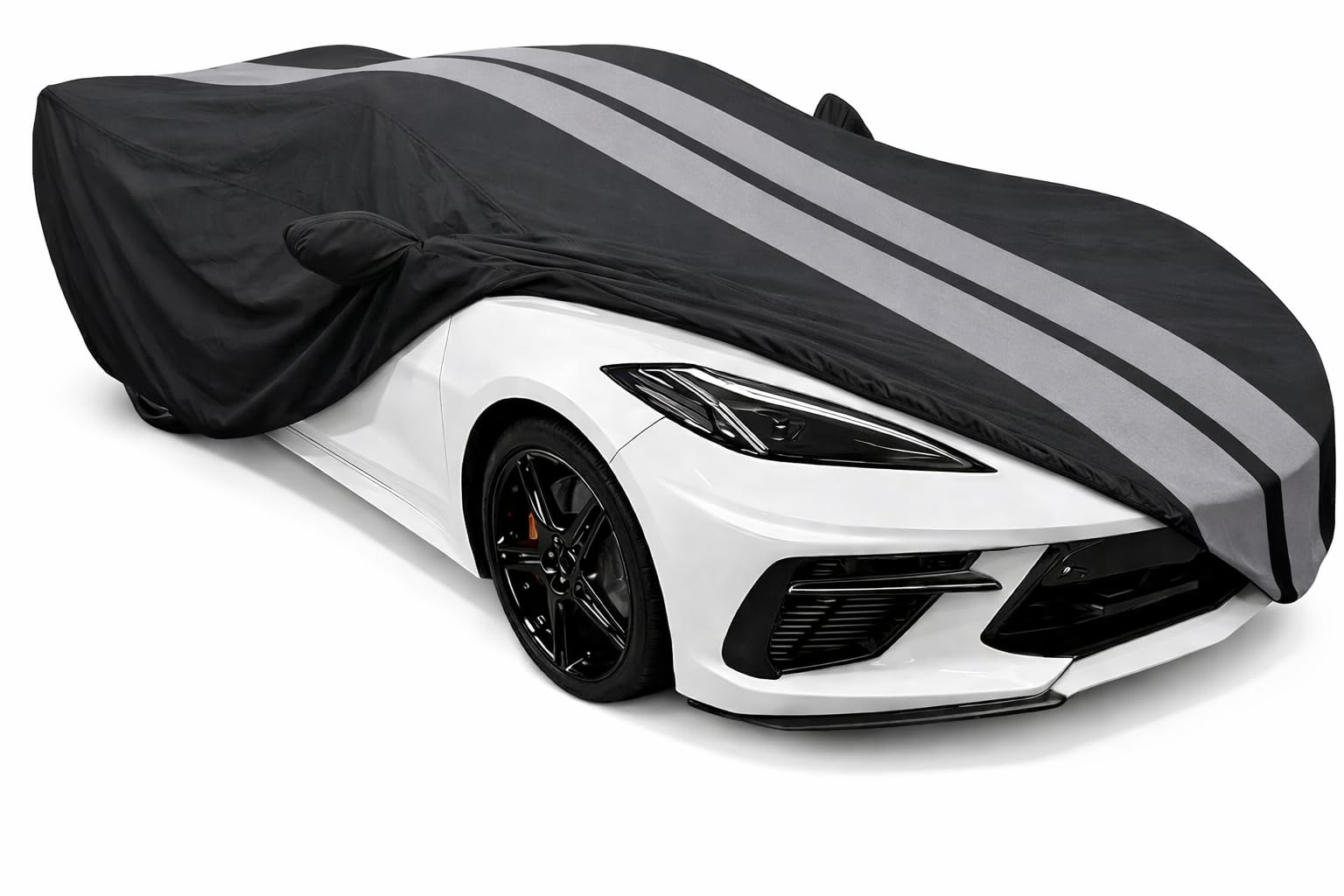 SR1 Performance USA C8 Corvette Car Cover Outdoor 2020–2026 – Ultraguard Custom Fit Stingray Z06 Z51 E-Ray, Water Resistant Breathable, UV Protection, Wind Secure with Bag (Black with Gray Stripes)