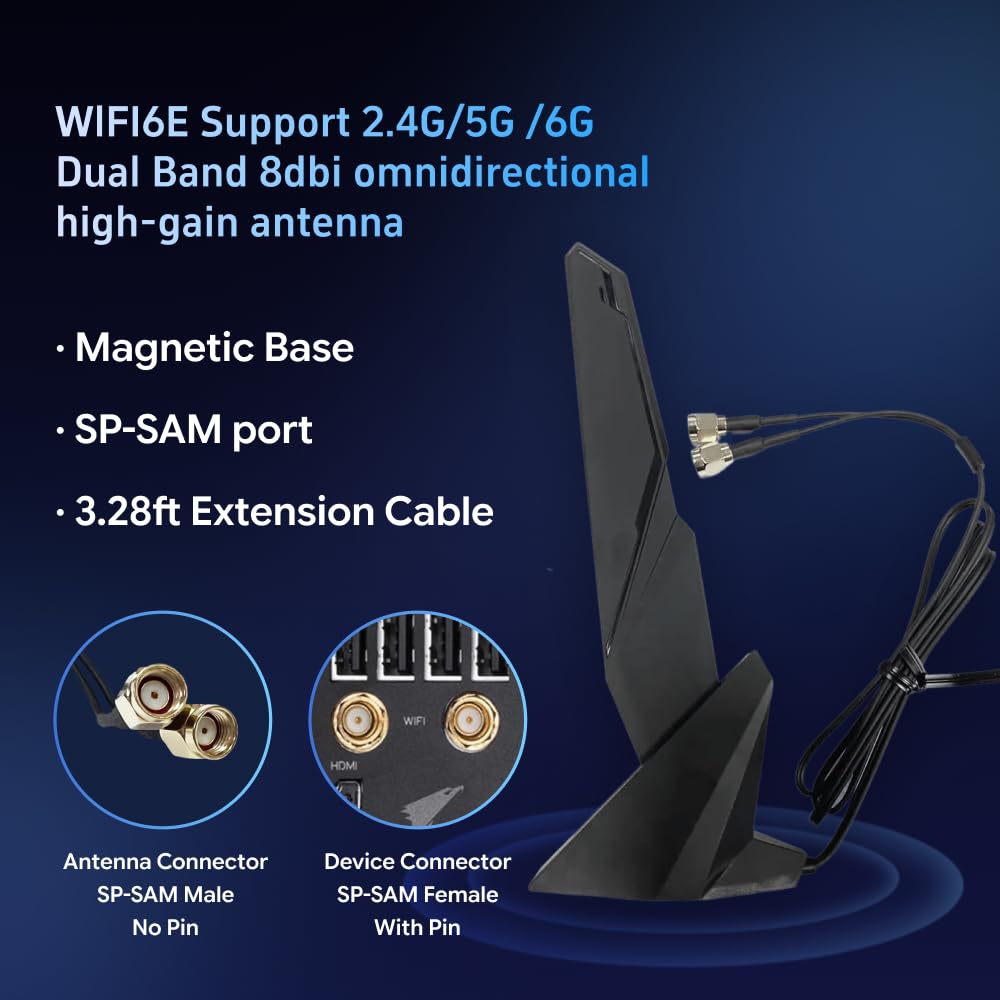 Antenne WiFi double bande 2,4 GHz 5 GHz RP-SMA Adaptateur de base magnétique avec 1 mètre pour carte mère ASUS Z390 Z490 X570 H610 H670 M13H M12 M11 Carte mère réseau sans fil Routeur portable Antenne
