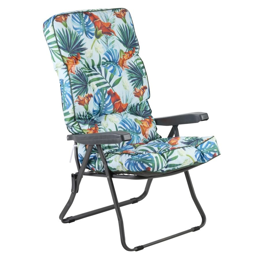 Alfresia Garden Recliner Charcoal Chair with Classic Cushion - Adjustable Reclining Outdoor Seater, Foldable Garden Chair, Choice of Cushion Prints (Blue Tropical)