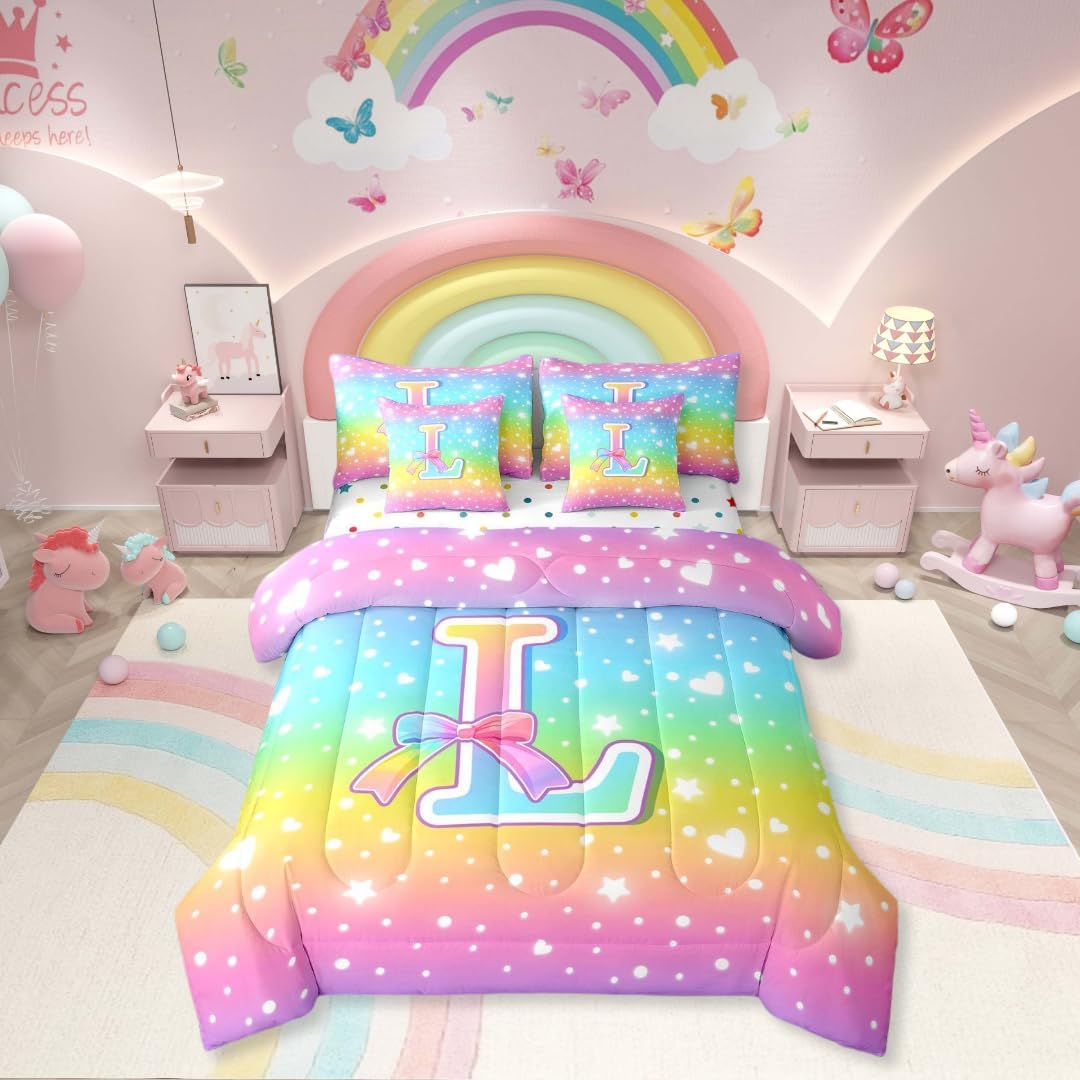 Erosebridal Rainbow 7 Piece Comforter Set Twin | Initial Letter L Bed in A Bag Kawaii Coquette Bowknot Bed Sheets Reversible Cute Rainbow Ombre Princess Bowknot Fitted Sheet Breathable Lightweight