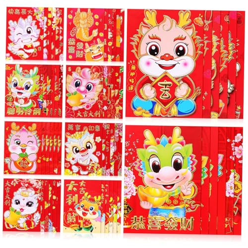 GARIOUANS 60個 春節用赤い龍柄ポケット紅包 旧正月お年玉袋 フォイル箔押し 感付き メモや写真保管も可能な多用途エンベロープ