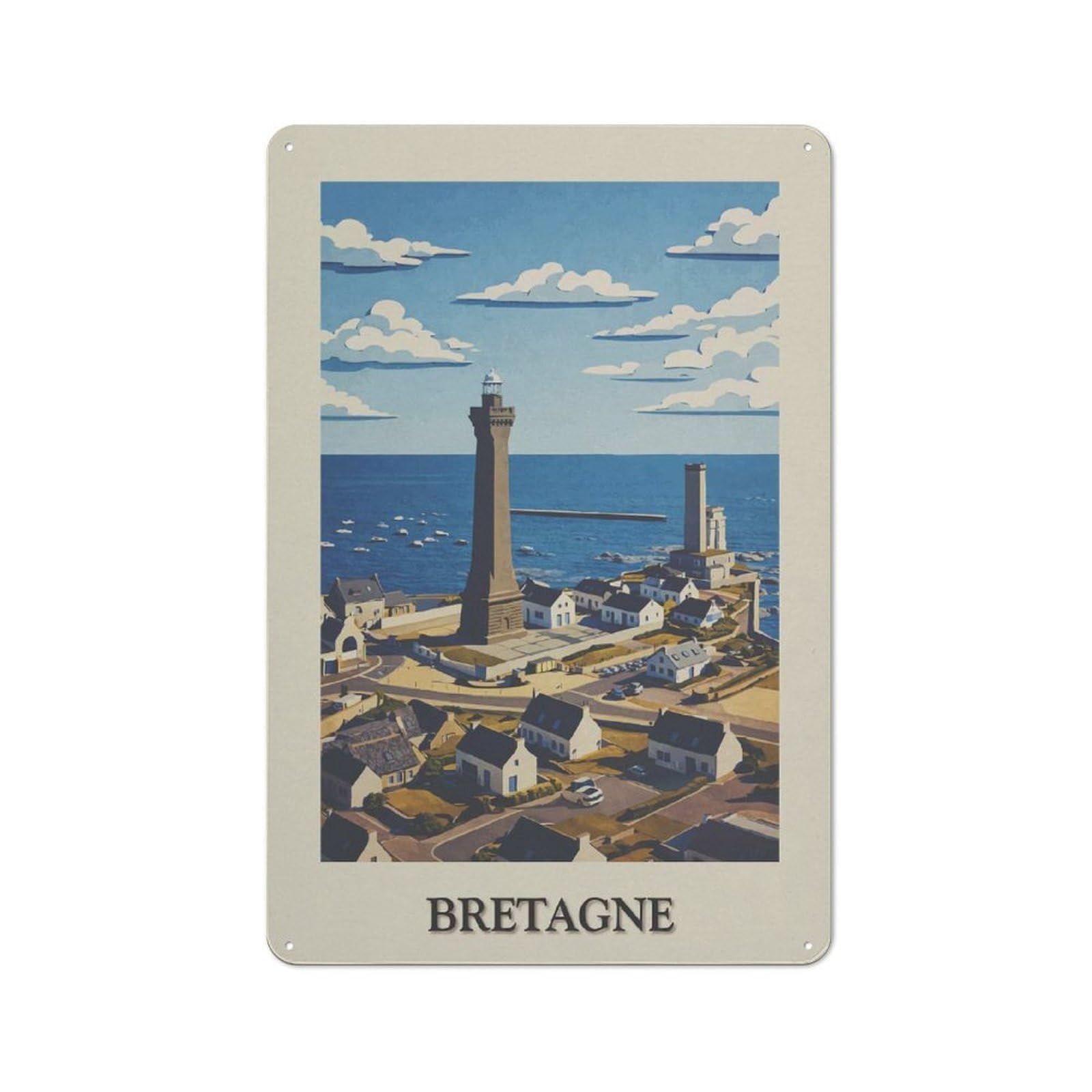 Junmoney Style-6 Brittany, France Coastal Town Illustration Decorative Tin Plaque 30X20cm, Decorative Novelty Wall Art For Hallway, Home Bar, Garage Or Study
