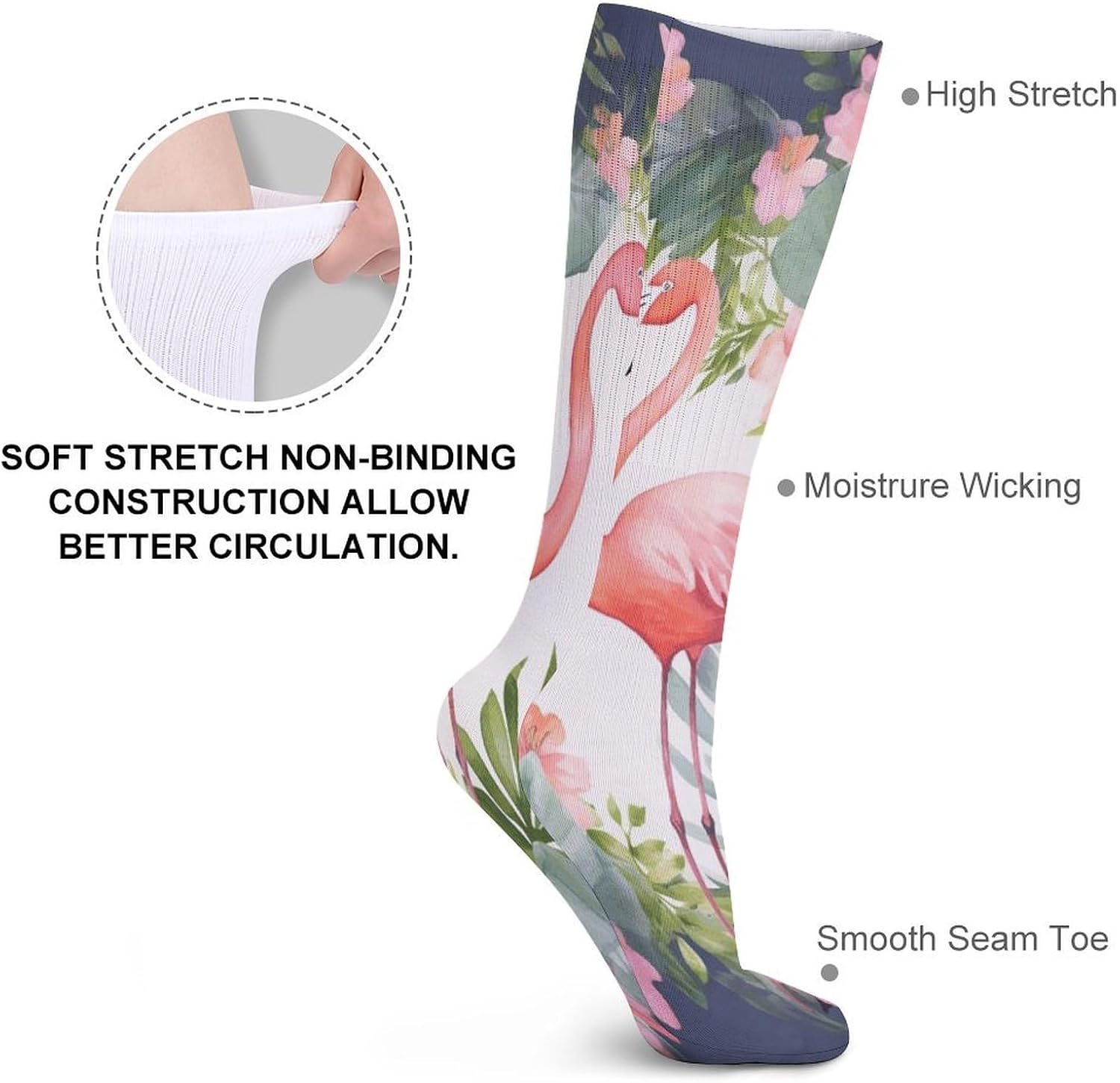 Flamingos And Flowers Knee High Socks Cozy Knee High Socks Soft Mid-Length Sock for All Seasons Daily Wear Adult