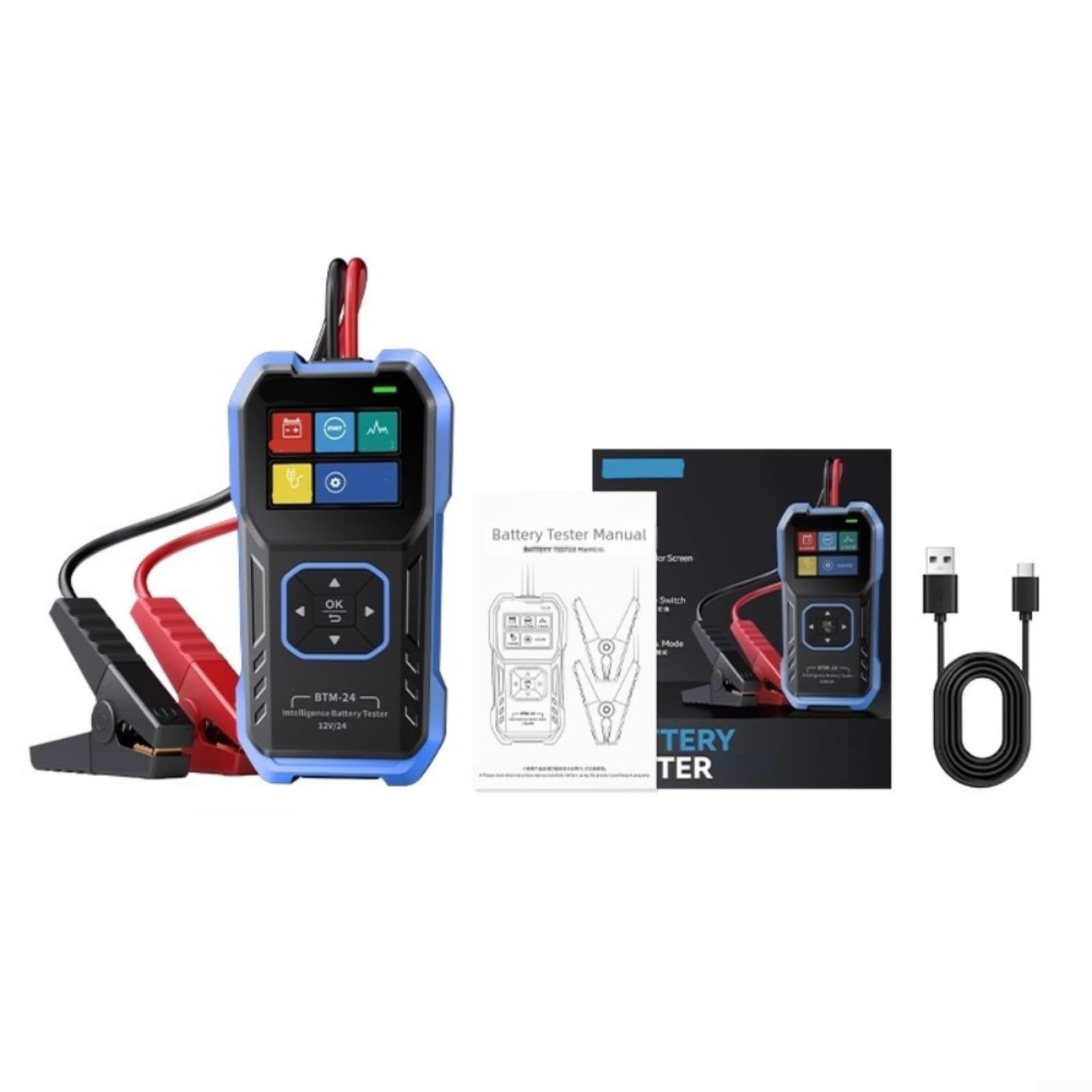 BTM-24 Auto Batterietester 12V 24V mit Überspannungsschutz und Verpolungsschutz, Kapazitätsmessgerät mit 2,4 Zoll Farbdisplay für Pkw und Elektrofahrzeuge