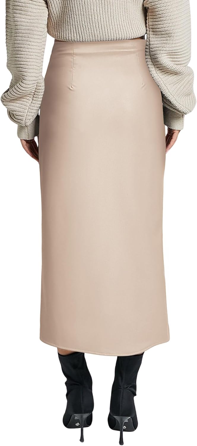 Ezcosplay Women High Waisted Faux Leather Side Slit Skirt PU Leather Bodycon Split Thigh Long Skirt - Image 4