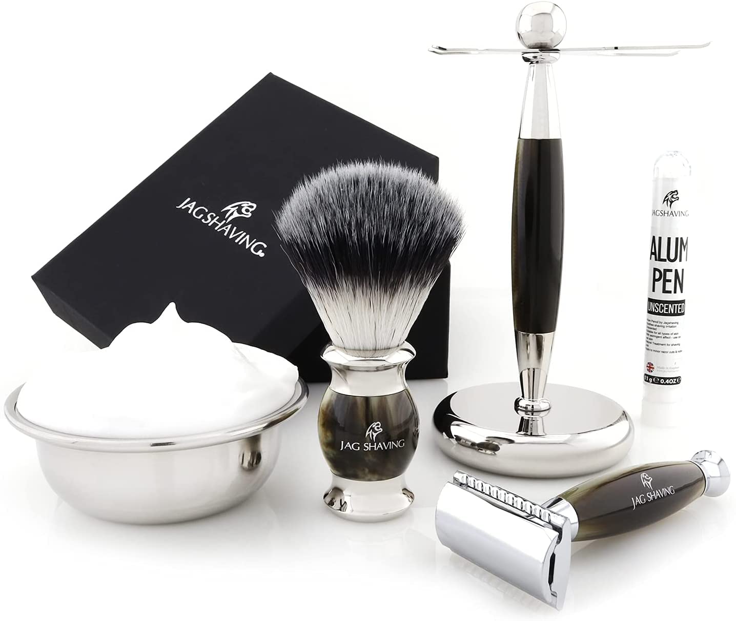 Jag Shaving zestaw do golenia - 4-częściowy zestaw do golenia - JAG's LEE Range - syntetyczny pędzel do golenia z włosia srebrnego - podwójne ostrza do golenia - stojak do golenia - kolor zielony