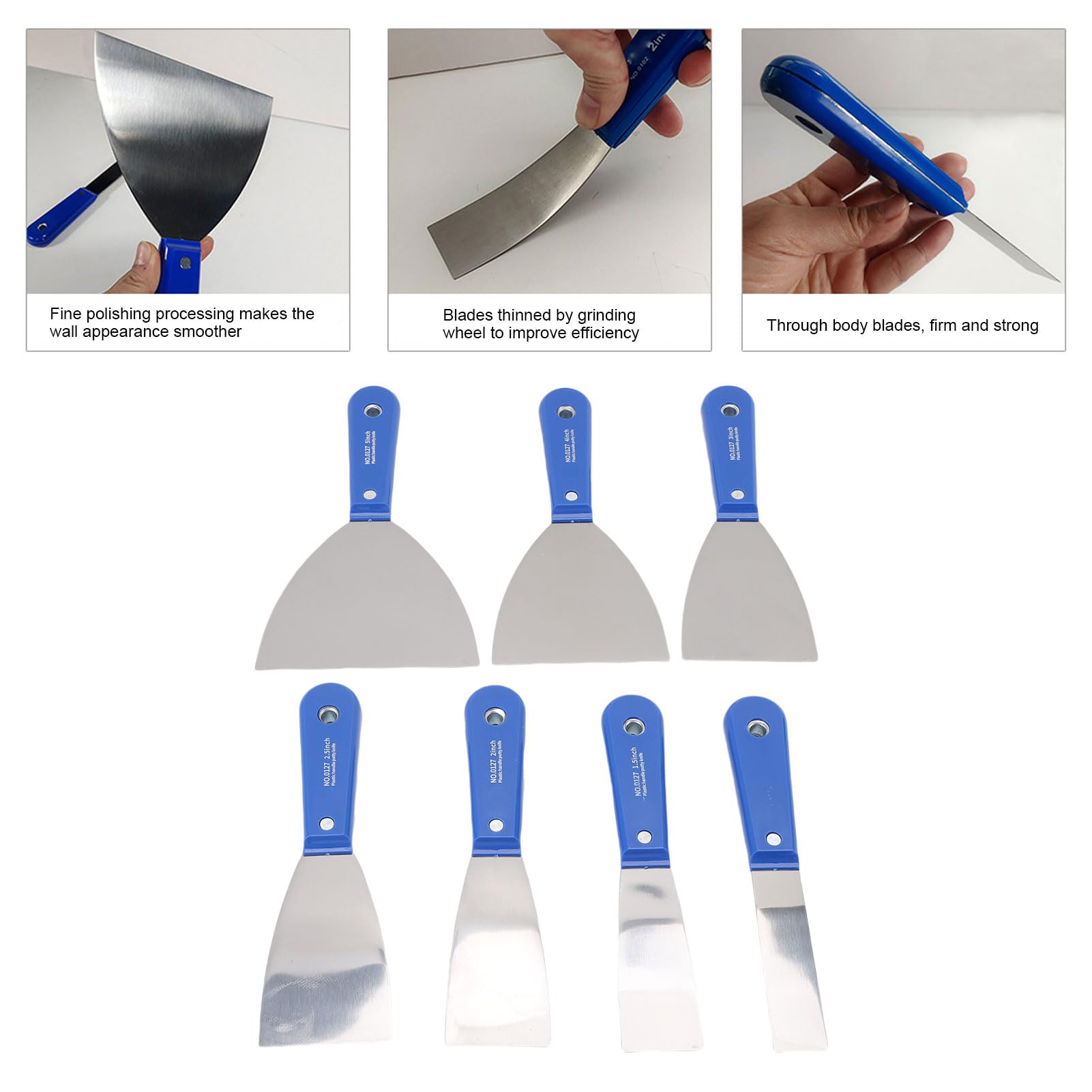 SIXRUN Set di 7 Raschietti per Stucco, Spatola per Cartongesso in Acciaio Al Carbonio con Dimensioni da 1 a 5 Pollici e Custodia, Lame Lucidate a Specchio, Manici in PP, per Riparazione di Intonaco,