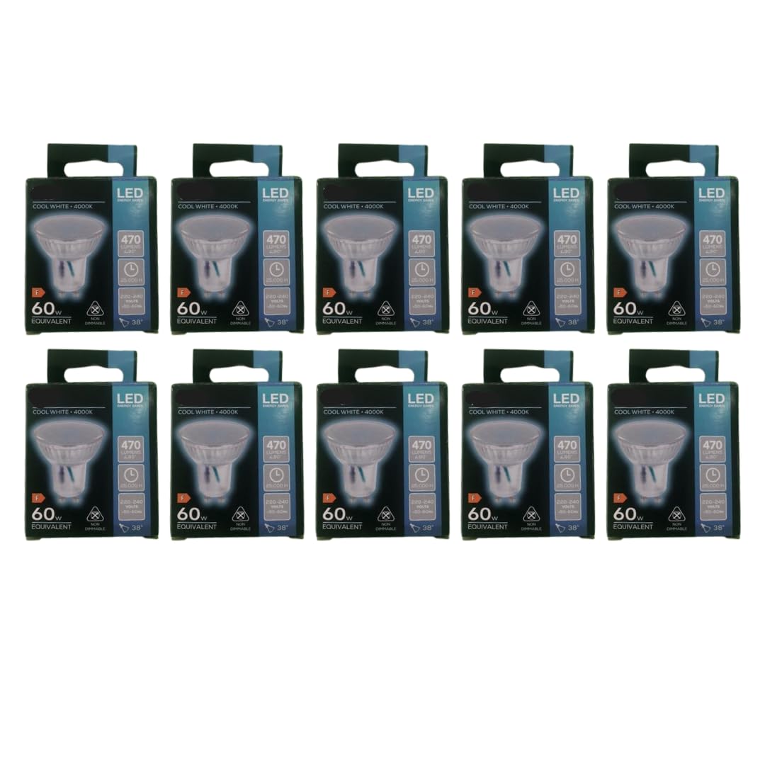 Pack of Ten LED GU10 Cool White Light Bulbs 5.5W 4000K 470 Lumens for Home Or Commercial Use | Energy Saving Halogen Retrofit Lamps for Daily Use | Ideal for Downlights Spotlights Track Lighting