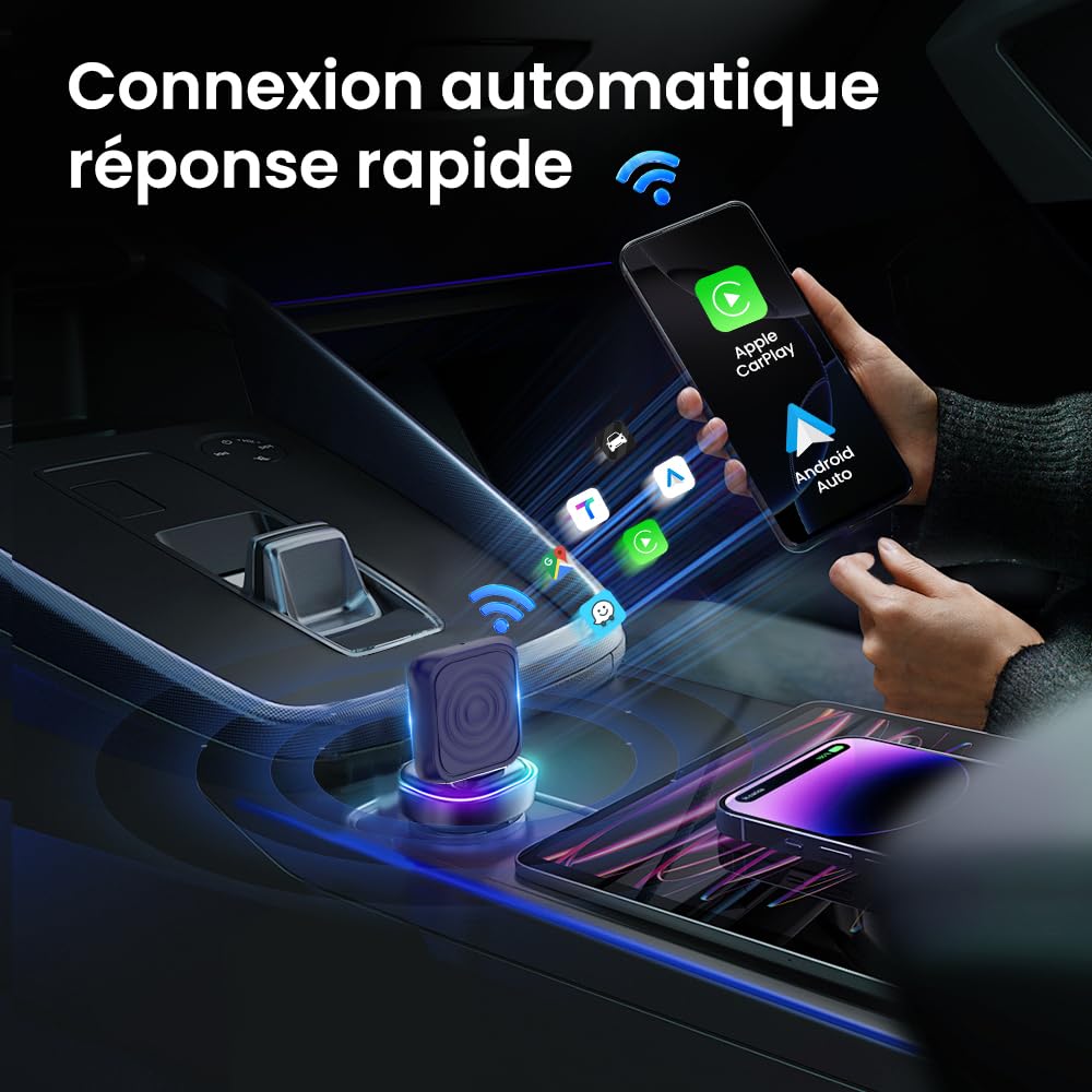 CarlinKit Adaptateur sans fil CarPlay et Android Auto MINI-Ultra 2 en 1, Design Mini Bâton, Mise à Niveau OTA pour Conversion CarPlay/Android Auto