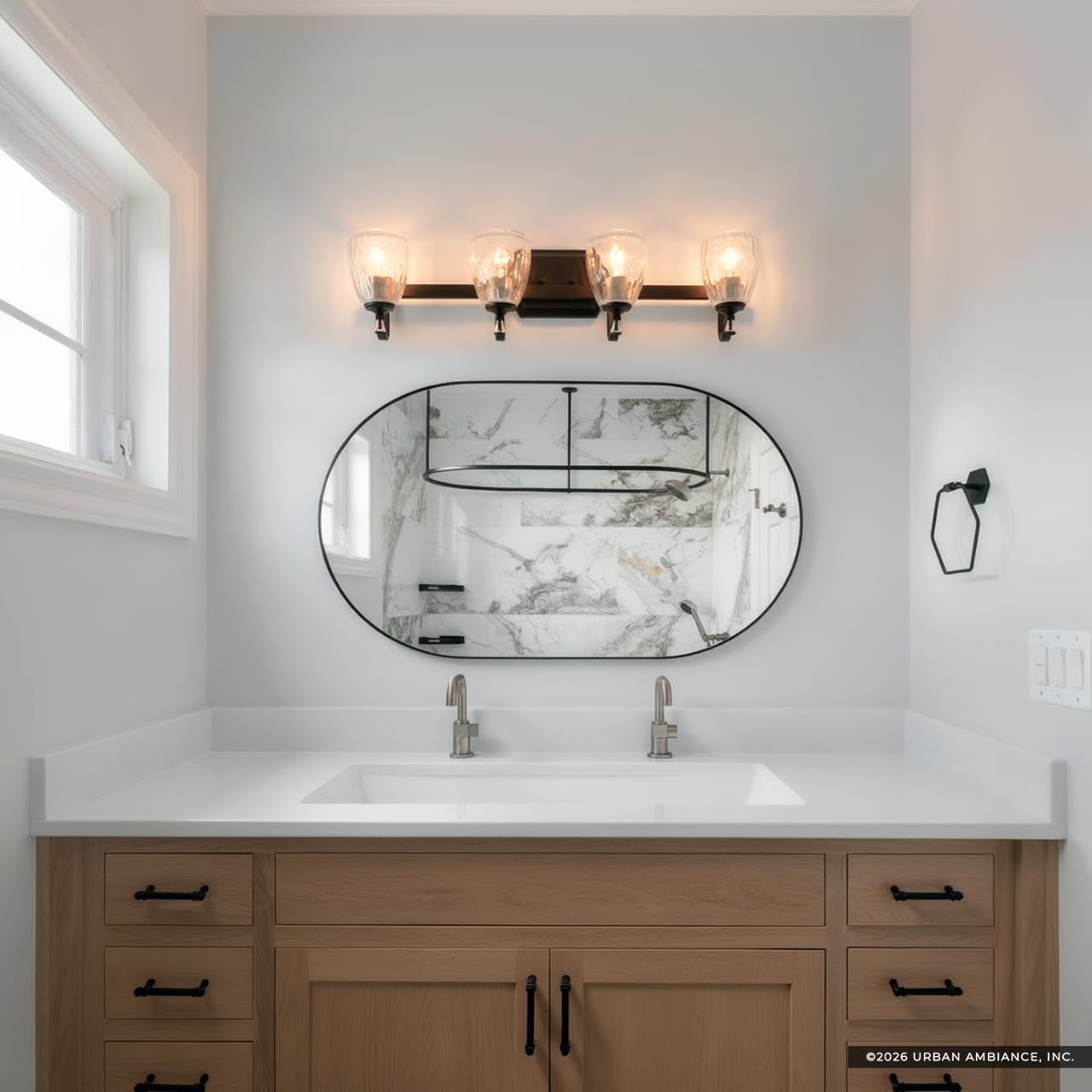 Urban Ambiance Luxury Crystal Bathroom Vanity Light, Large Size: 7.5" H x 32" W, with French Country Style Elements, Olde Bronze Finish and Clear Water Shade, UHP2035, Ravenna Collection