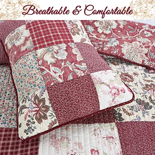 Cozy Line Home Fashions Eleanor Romantic Red Rose Floral Flower Pattern Real Patchwork 100% Cotton Reversible Quilt Set, Coverlet Bedspread (Red Floral, King - 3 Piece)