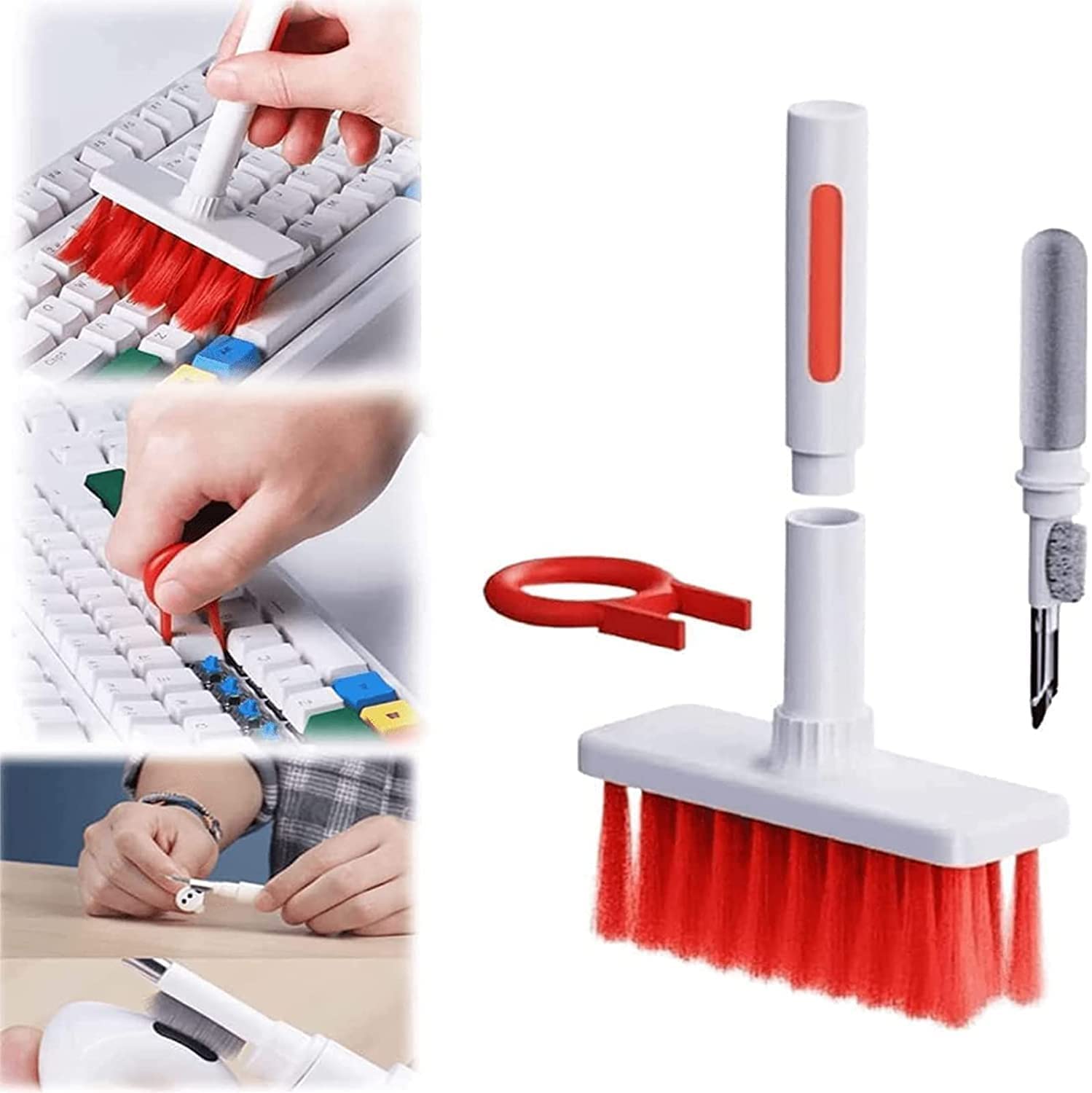5 in 1 Keyboard & Earphone Cleaner Multi-Function Computer Cleaning Tools Kit Corner Gap Duster Keycap Puller (White Red)-image-39