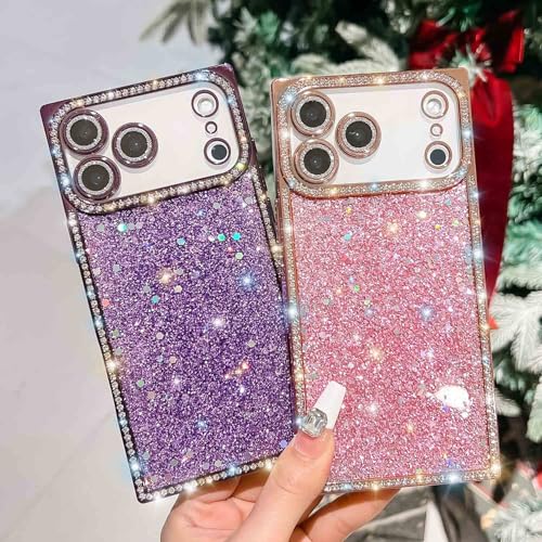 TETAW Cute Glitter Compatiable with iPhone 17 Pro Max Case,Luxury Rectangle Bling Sequin Rhinestone Cover,Slim Soft Electroplated Shockproof Protective Shinny Phone Cover for Women Girls(Purple) by TETAW - Used condition - US$5.65